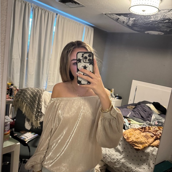 Halogen Silver Shimmery Off-Shoulder Long Sleeve Blouse - Picture 3 of 4